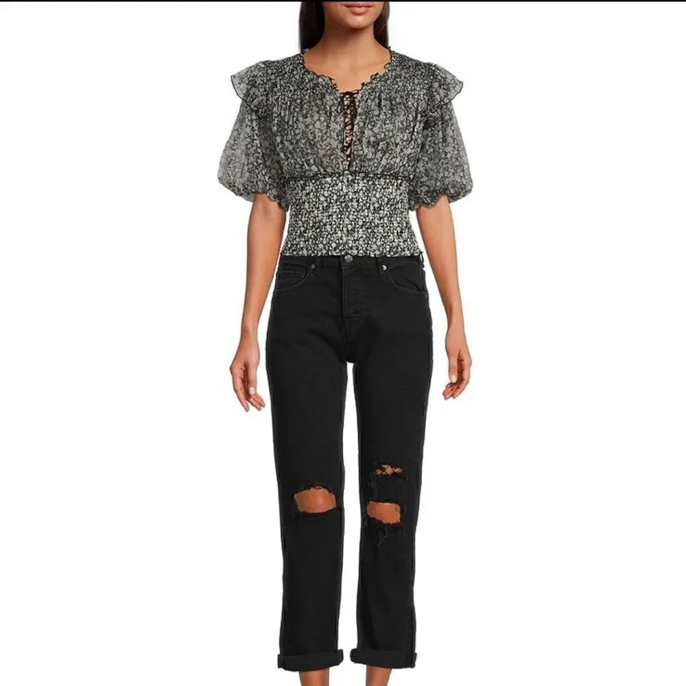 Free People Beatrice Floral Print Cross Tie Neck Smocked Crop Top NWT Size Large